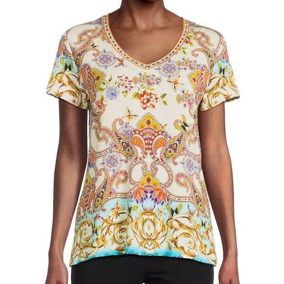 Johnny Was Janie Favorite Scroll Tee Short Sleeve V Neck Shirt White Gold Top NW - Picture 7 of 10